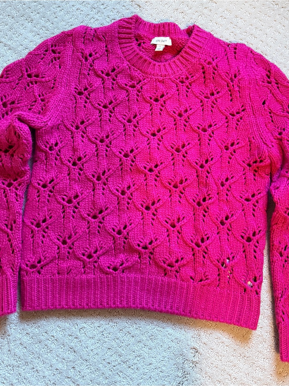Open-Knit Crewneck Sweater in Bright Fuchsia